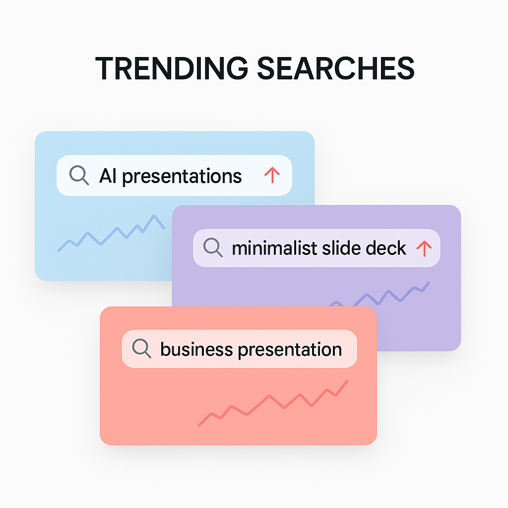 Trending Searches - Popular search queries including AI presentations, minimalist slide decks, and business presentations
